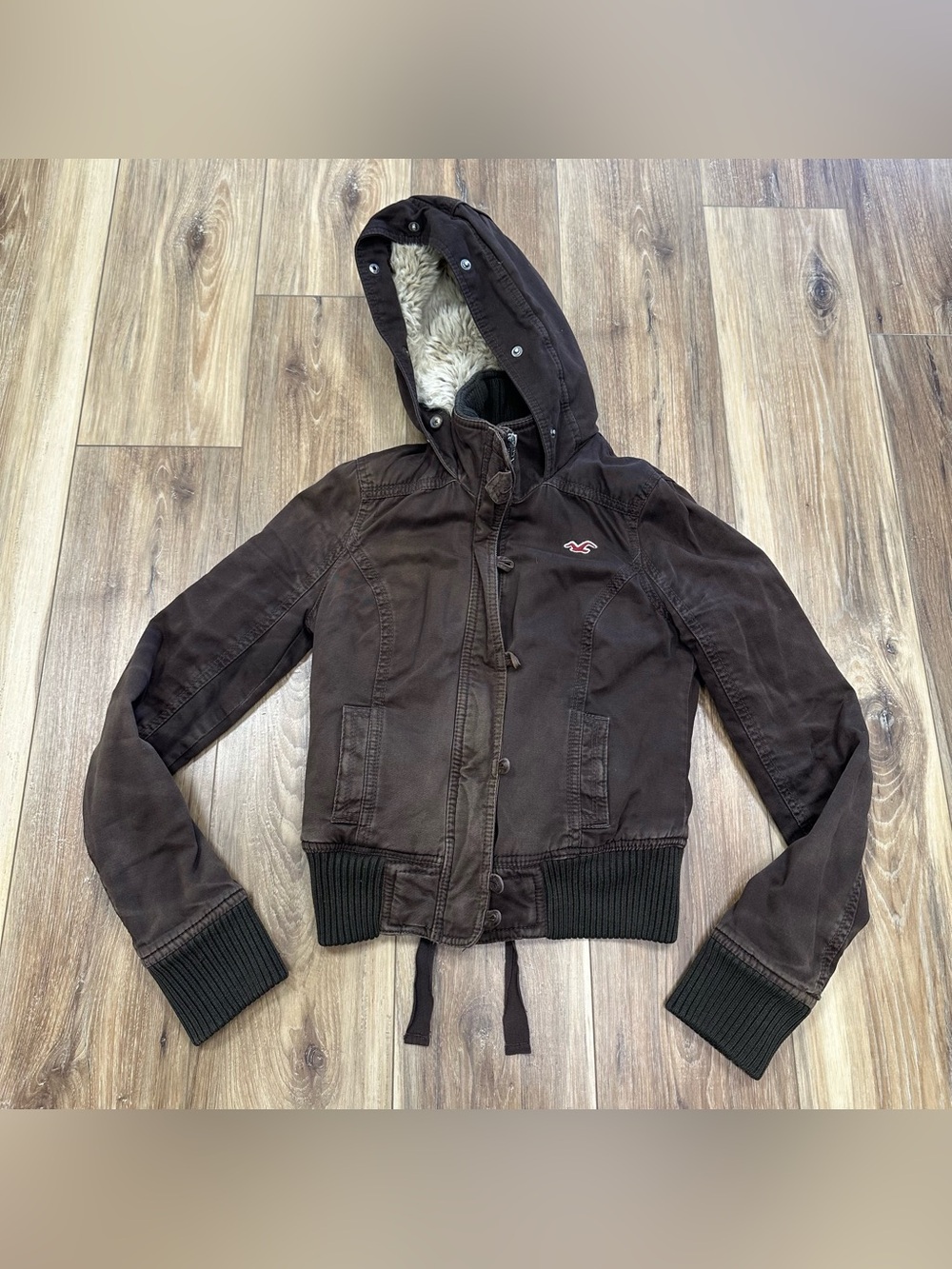 Vtg Y2K Hollister Faux Fur Lined Heavyweight Bomber Hooded Coat, Brown, XS